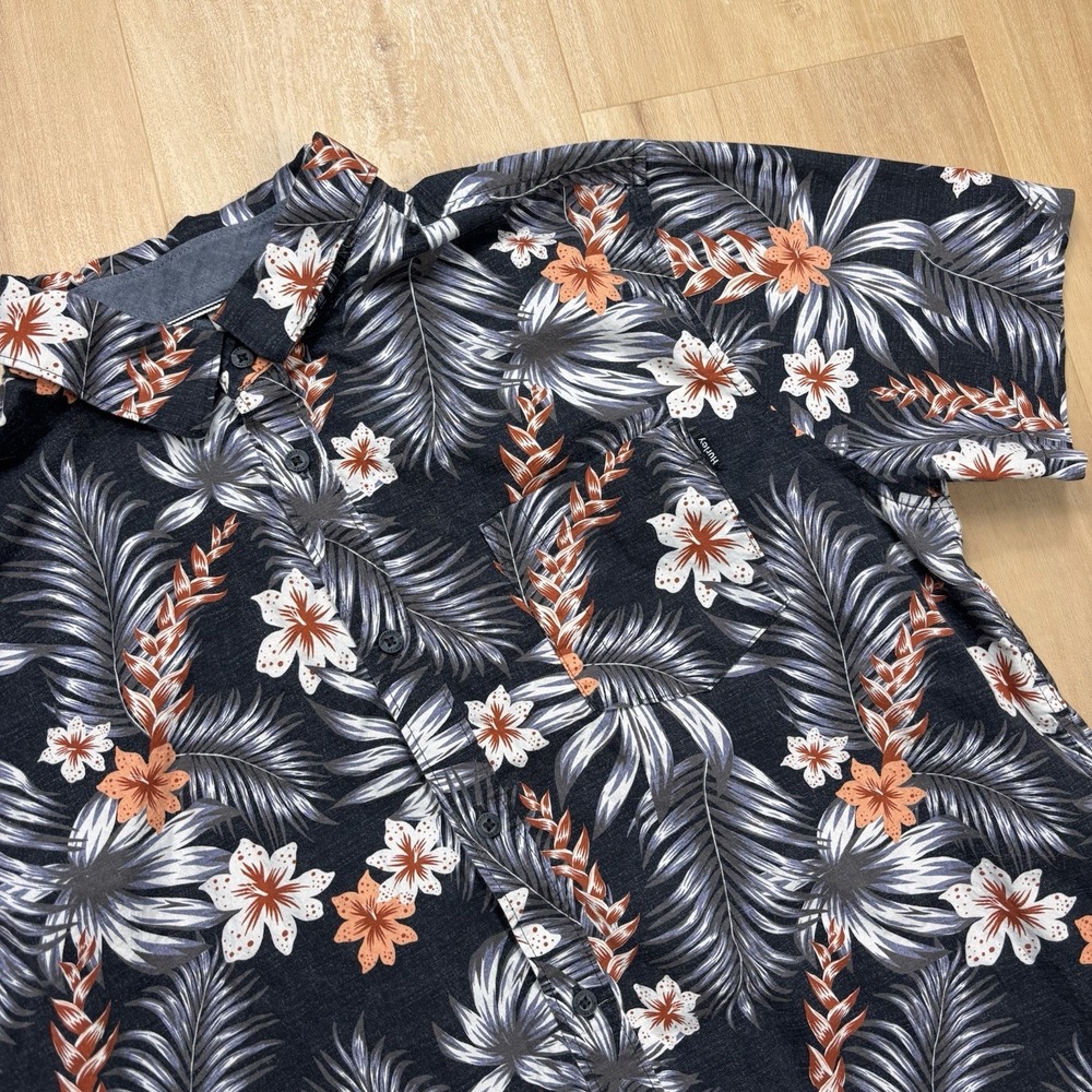 Hurley Shirt Mens Large Gray Floral Short Sleeve Button Up Casual Hawaiian - Picture 2 of 10